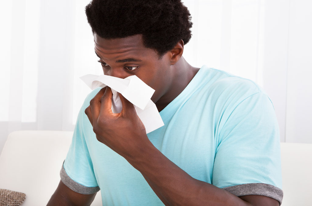 Man blowing his nose suffering from runny nose, congestion, or sinus infection
